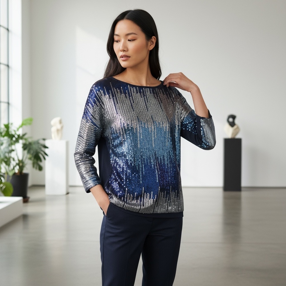 ~ Naeem Khan’s Tiny Sequins Blouse in Shades of Blue & Silver~Exquisite~size XS - Picture 10 of 14